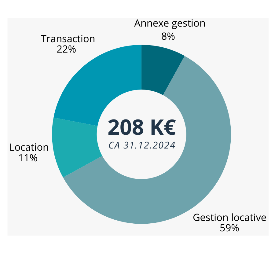 Chiffre d’affaires 2024 : 208 K€. 59% gestion locative, 22% transaction, 11% location, 8% annexe.