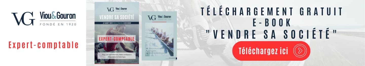 Bannière Viou & Gouron - E-book gratuit "Vendre sa société" avec logo expert-comptable et bouton de téléchargement