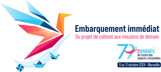 Logo du 79e Congrès de l'Ordre des Experts-Comptables, avec un oiseau stylisé en couleurs vives, et le texte 