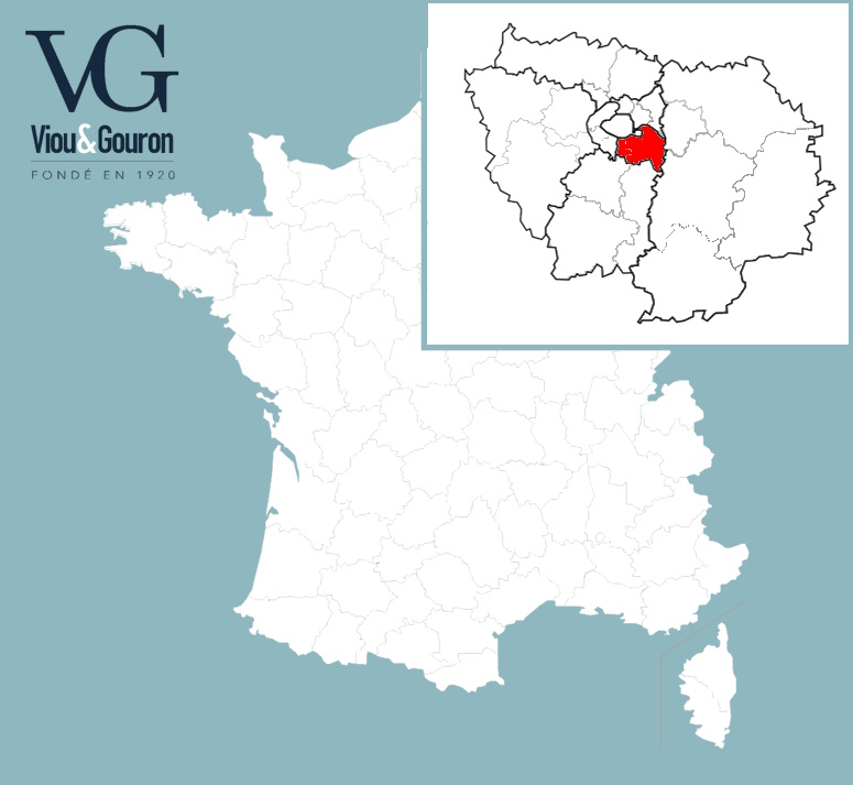 Carte de France avec le logo de Viou & Gouron, fondé en 1920, mettant en évidence le département de Val-de-Marne