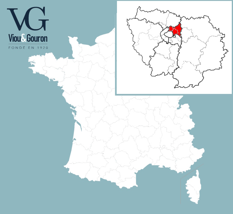 Carte de France avec le logo Viou & Gouron et un encart mettant en évidence le département de la Seine-Saint-Denis en rouge dans la région Île-de-France