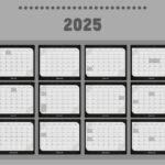 Calendrier annuel de l'année 2025 avec les mois disposés en une grille de 12 mois, sur un fond gris avec un design sobre.