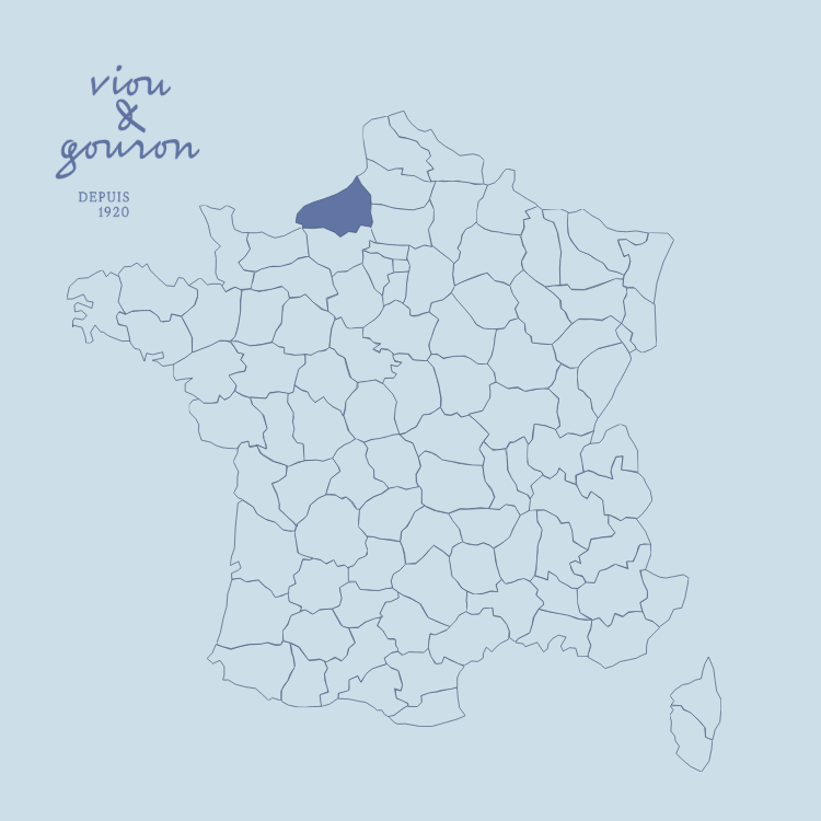 Carte de France montrant la région Seine-Maritime en bleu, avec le logo Viou & Gouron.