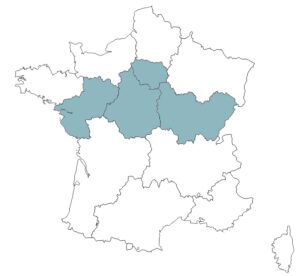 Carte France régions centre-est surlignées bleu géographie territoire français départements