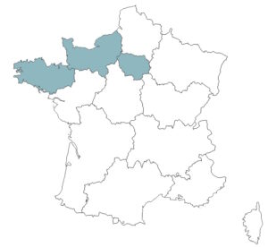 Carte France régions nord-ouest surlignées bleu géographie territoire français départements