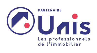 Logo partenaire UNIS, les professionnels de l'immobilier, avec maison stylisée dans cercle bleu