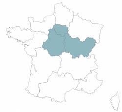 Carte de France avec régions du centre-est colorées en bleu-vert, incluant la Corse