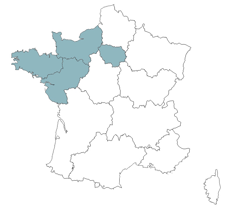 Carte de France métropolitaine avec régions de l'ouest colorées en bleu-vert, Corse incluse