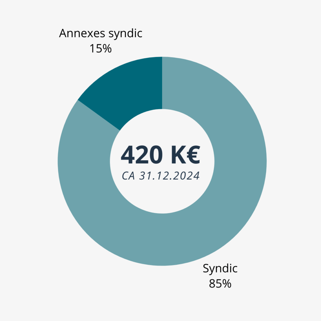 Diagramme en anneau illustrant 420 K€ de chiffre d’affaires au 31.12.2024, réparti entre syndic 85 % et annexes 15 %.