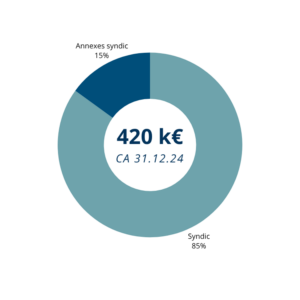 Diagramme en anneau illustrant 420 K€ de chiffre d’affaires au 31.12.2024, réparti entre syndic 85 % et annexes 15 %.