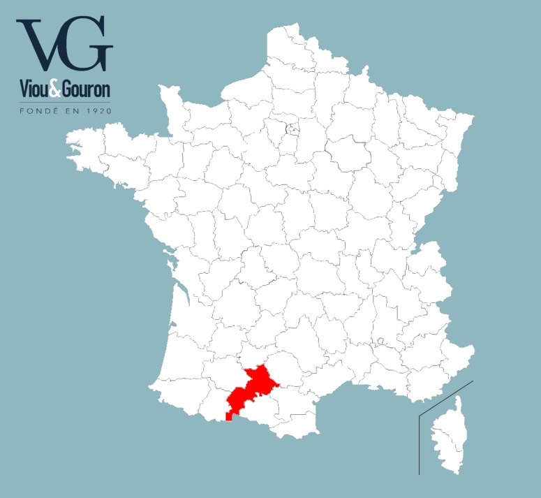 Carte de France avec département de la Haute-Garonne surligné en rouge, logo Viou & Gouron