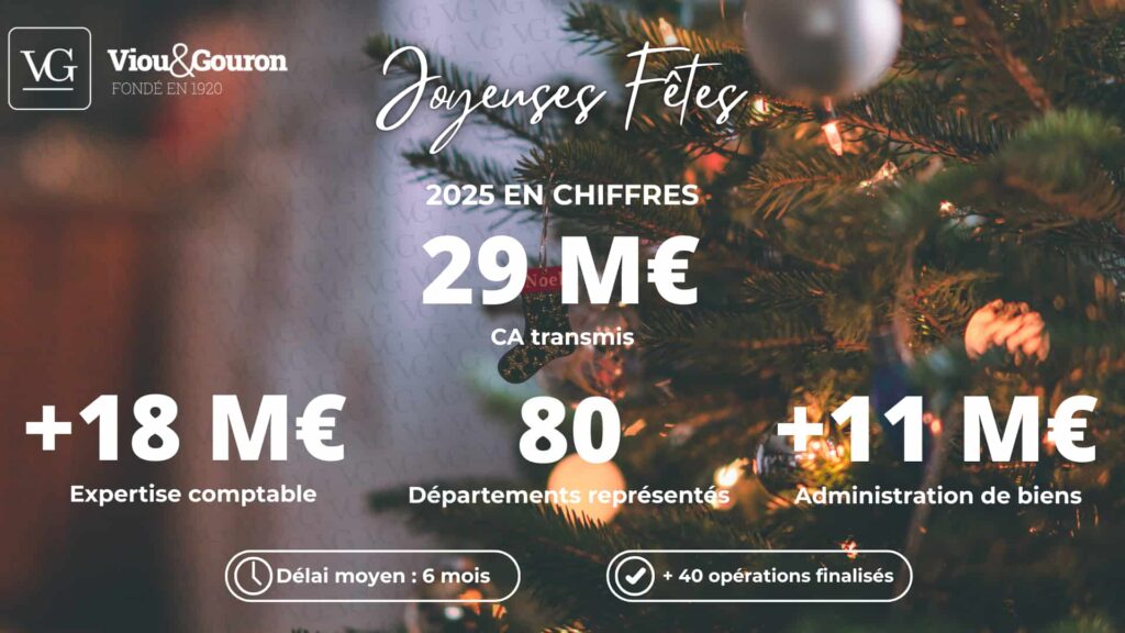 Bilan 2025 de Viou & Gouron avec un sapin de Noël en arrière-plan, chiffres clés de l’année : 29 M€ de CA transmis, 40 opérations finalisées, 80 départements représentés.