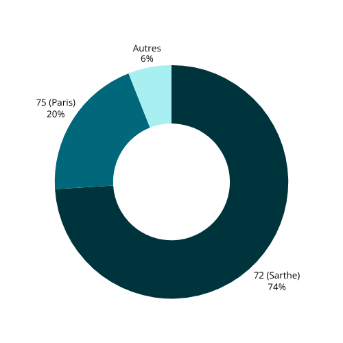 Graphique en anneau présentant la répartition des annonces : 72 Sarthe 74 %, 75 Paris 20 % et autres départements 6 %.