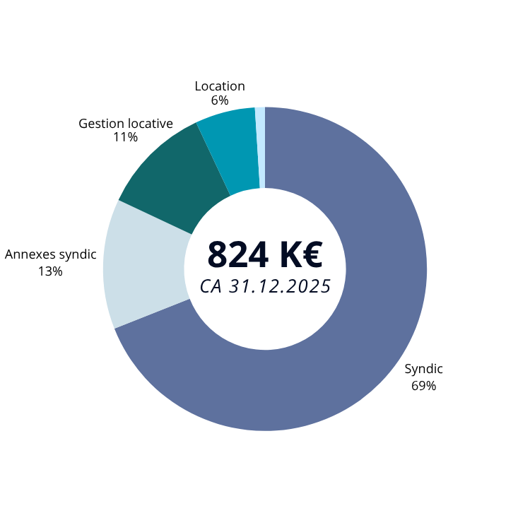 Graphique illustrant la répartition du chiffre d’affaires 2025, avec un total de 824 K€.