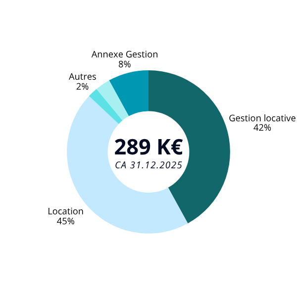 Annonce paris Graphique de répartition du chiffre d’affaires 2025 par activité, avec un CA total de 289 K€.