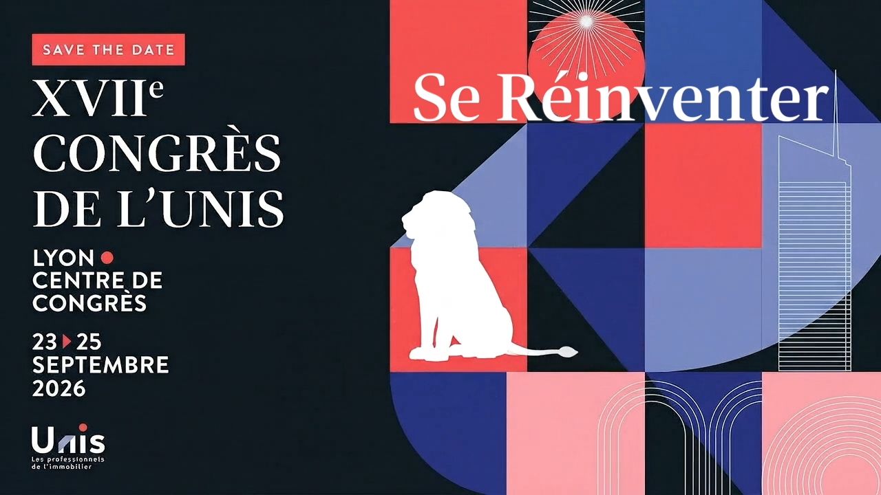 Affiche Save the Date XVIIe Congrès de l'UNIS « Se Réinventer », Lyon Centre de Congrès, 23-25 septembre 2026, silhouette de lion sur fond graphique coloré.